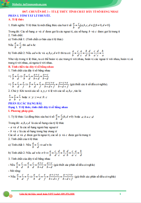 Tỉ lệ thức và tính chất của dãy tỉ số bằng nhau
